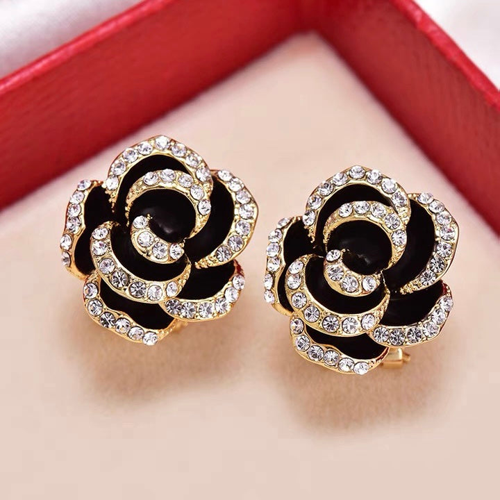 Chanel Black Camellia Stud Earrings
